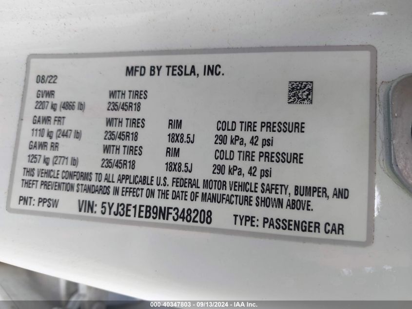 2022 Tesla Model 3 Long Range Dual Motor All-Wheel Drive VIN: 5YJ3E1EB9NF348208 Lot: 40347803