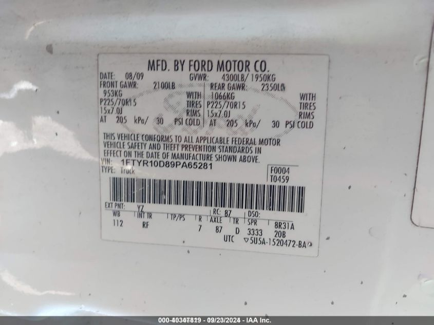 1FTYR10D89PA65281 2009 Ford Ranger Xl