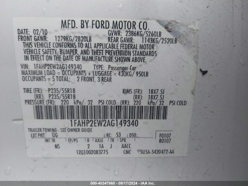 1FAHP2EW2AG149340 2010 Ford Taurus Sel