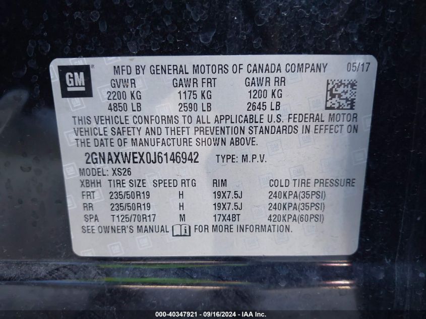 2GNAXWEX0J6146942 2018 Chevrolet Equinox Premier