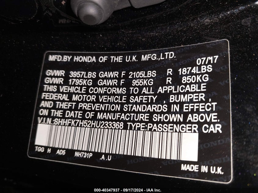 2017 HONDA CIVIC VIN: SHHFK7H52HU233368