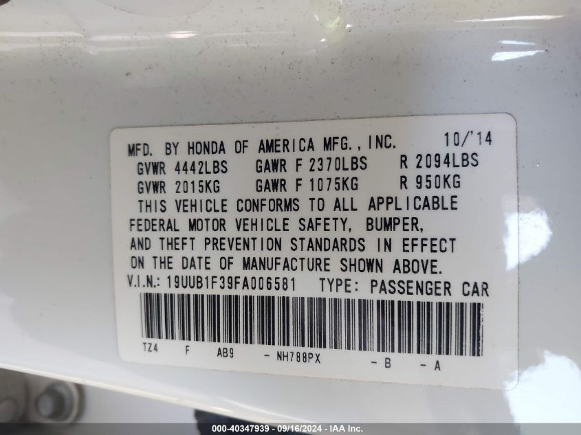 2015 Acura Tlx VIN: 19UUB1F39FA006581 Lot: 40347939