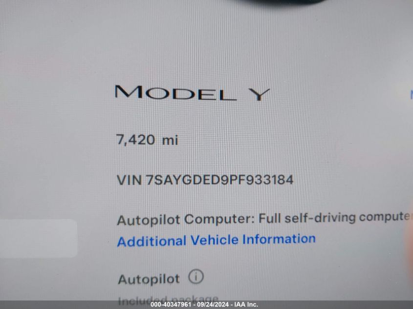 2023 Tesla Model Y Rwd VIN: 7SAYGDED9PF933184 Lot: 40347961