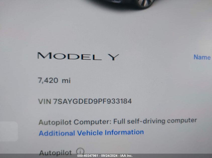 2023 Tesla Model Y Rwd VIN: 7SAYGDED9PF933184 Lot: 40347961