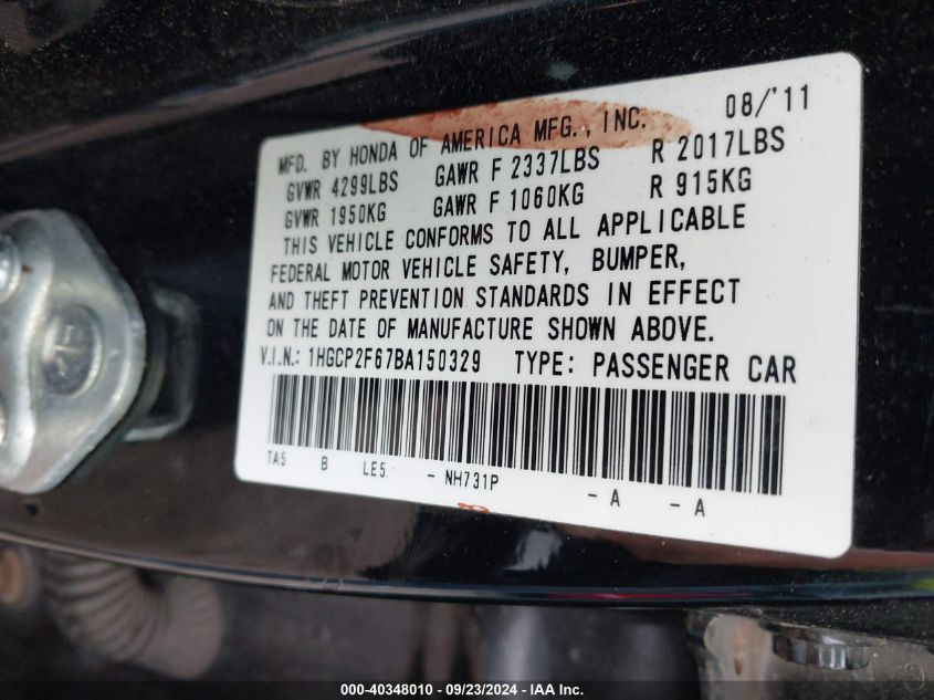 1HGCP2F67BA150329 2011 Honda Accord Se