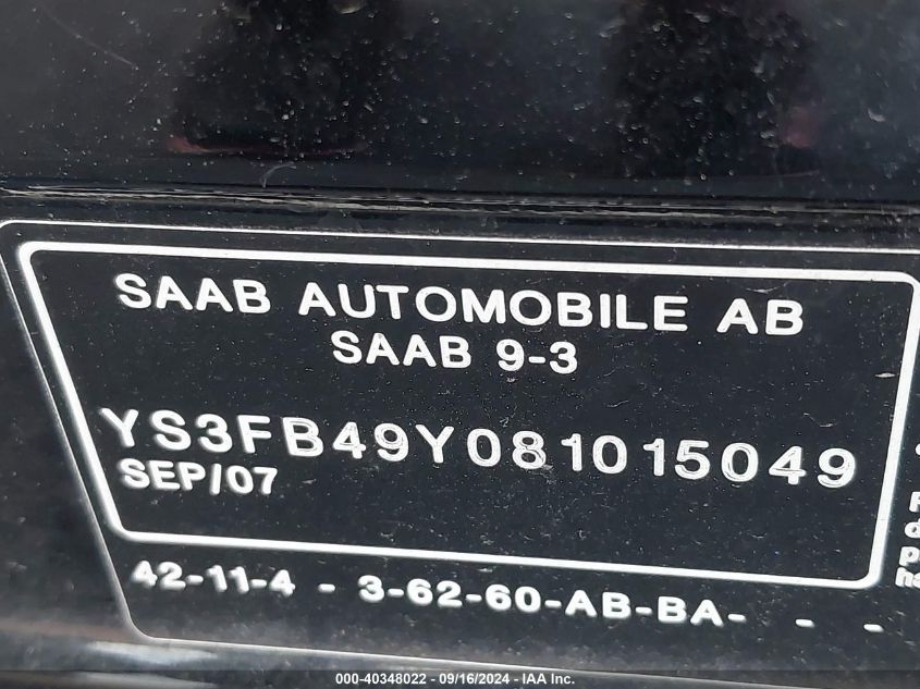 2008 Saab 9-3 2.0T VIN: YS3FB49Y081015049 Lot: 40348022