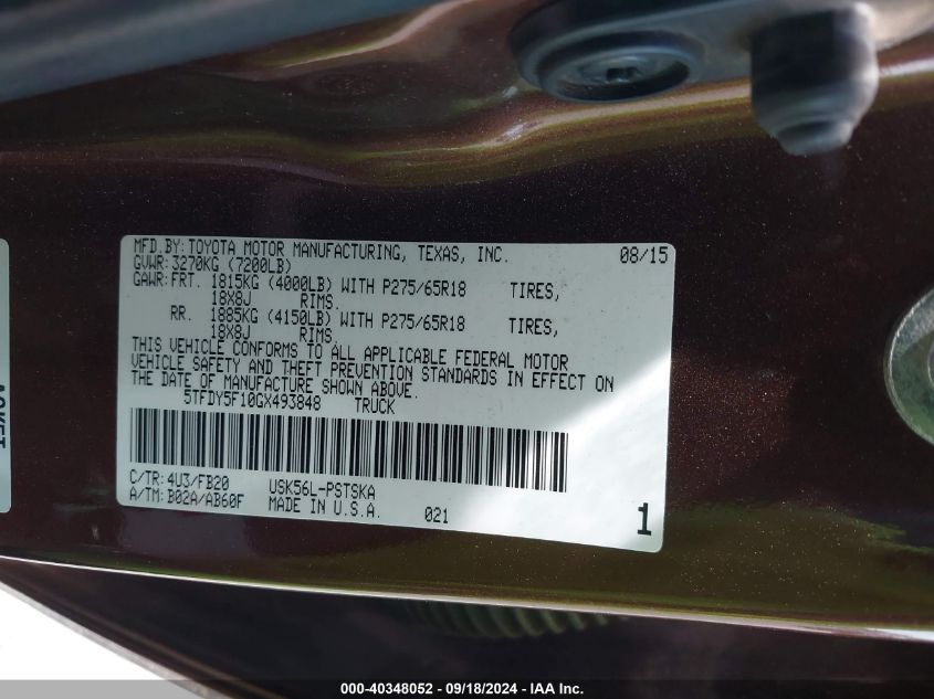 5TFDY5F10GX493848 2016 Toyota Tundra Sr5 5.7L V8