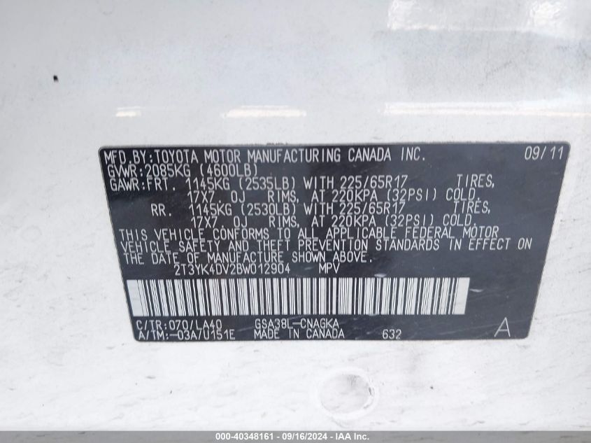 2011 Toyota Rav4 Limited V6 VIN: 2T3YK4DV2BW012904 Lot: 40348161