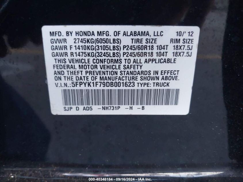 2013 Honda Ridgeline Sport VIN: 5FPYK1F79DB001623 Lot: 40348184