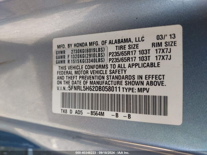 2013 Honda Odyssey Ex-L VIN: 5FNRL5H62DB058011 Lot: 40348223