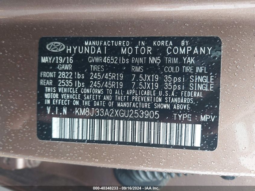 KM8J33A2XGU253905 2016 Hyundai Tucson Limited/Sport And Eco/Se