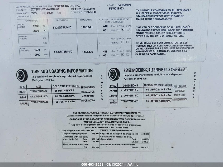 2021 COACHMEN OTHER (VIN: 5ZT2FEHB2MW018933