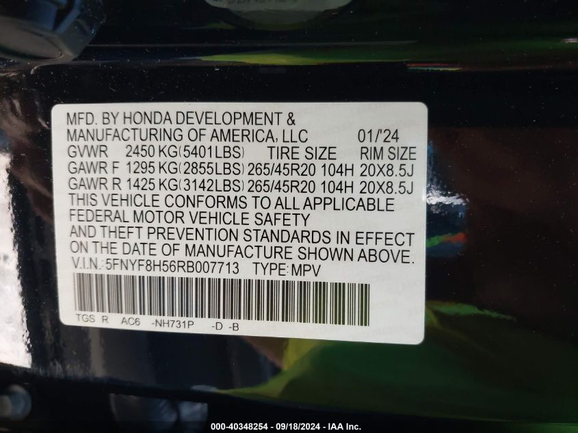 2024 Honda Passport Awd Ex-L VIN: 5FNYF8H56RB007713 Lot: 40348254