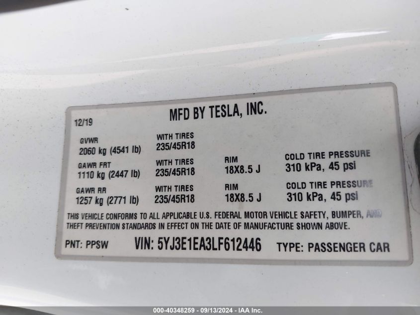 2020 Tesla Model 3 Standard Range Plus Rear-Wheel Drive/Standard Range Rear-Wheel Drive VIN: 5YJ3E1EA3LF612446 Lot: 40348259