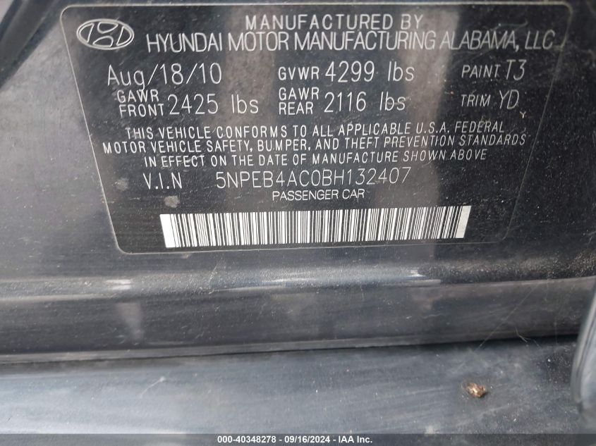 5NPEB4AC0BH132407 2011 Hyundai Sonata Gls