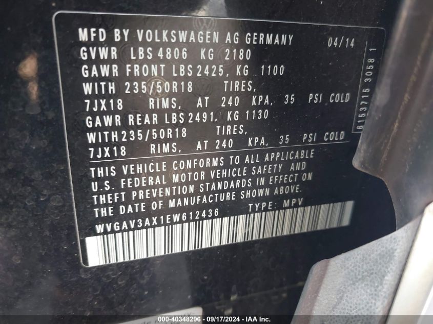 WVGAV3AX1EW612436 2014 Volkswagen Tiguan Sel