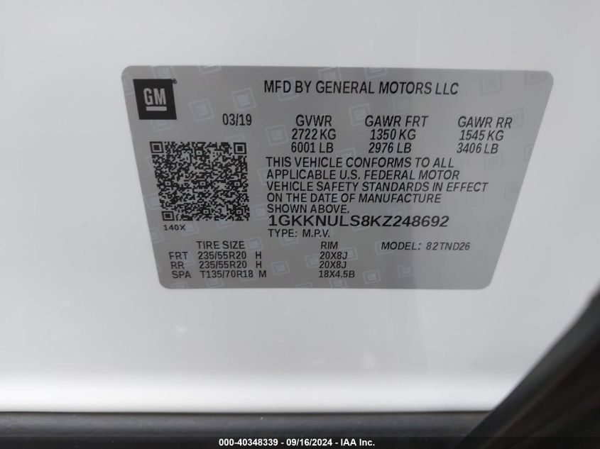 1GKKNULS8KZ248692 2019 GMC Acadia Slt-1