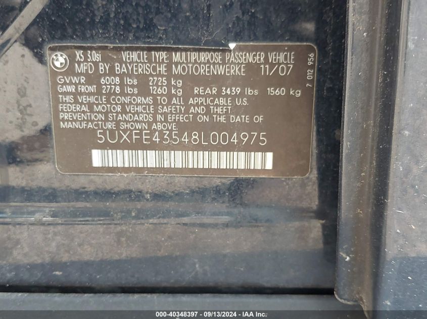 5UXFE43548L004975 2008 BMW X5 3.0I