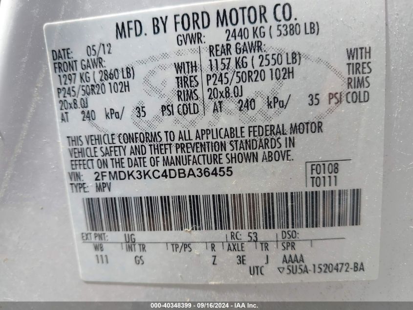 2013 Ford Edge Limited VIN: 2FMDK3KC4DBA36455 Lot: 40348399