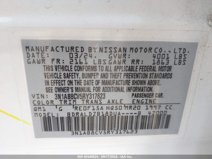 2024 Nissan Sentra Sv Xtronic Cvt VIN: 3N1AB8CV5RY317623 Lot: 40348524