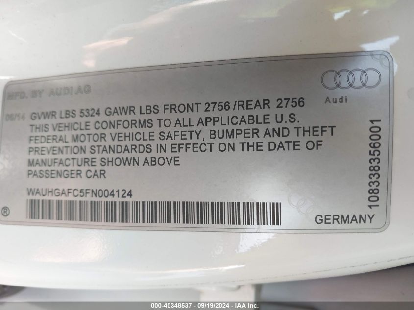 2015 Audi A6 3.0T Premium Plus VIN: WAUHGAFC5FN004124 Lot: 40348537