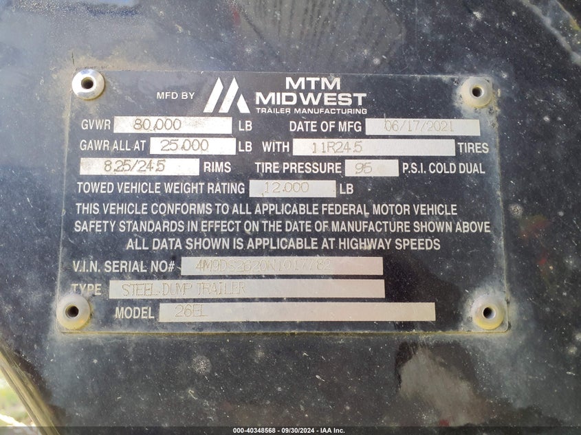 2022 MTM 26EL DUMP TRAILER (VIN: 4M9DS2620N1017782