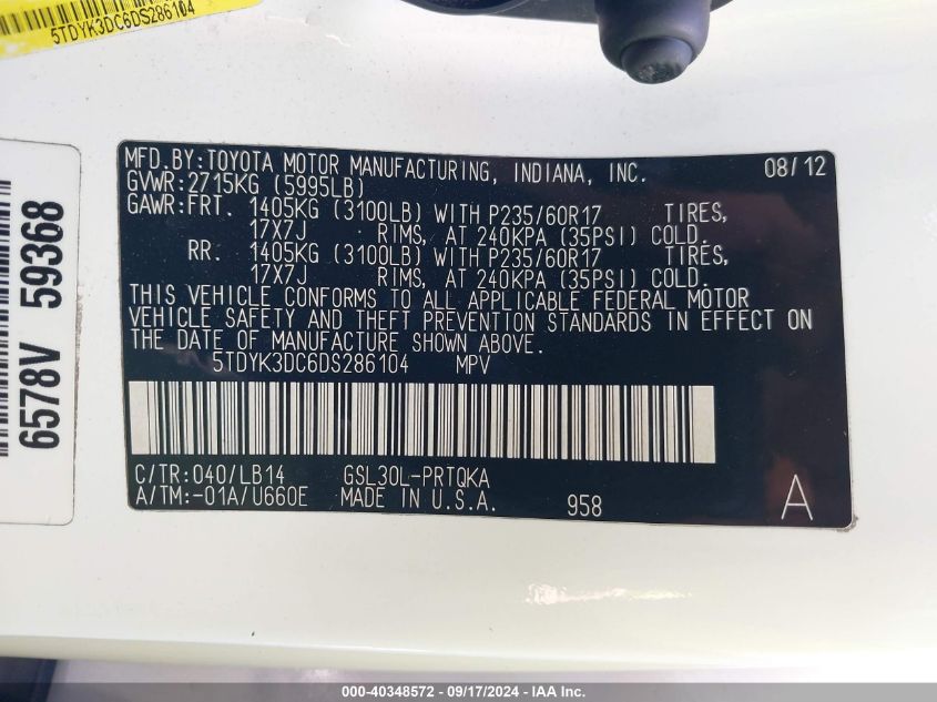 5TDYK3DC6DS286104 2013 Toyota Sienna Xle V6 8 Passenger