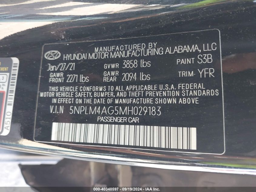 2021 Hyundai Elantra Sel VIN: 5NPLM4AG5MH029183 Lot: 40348597