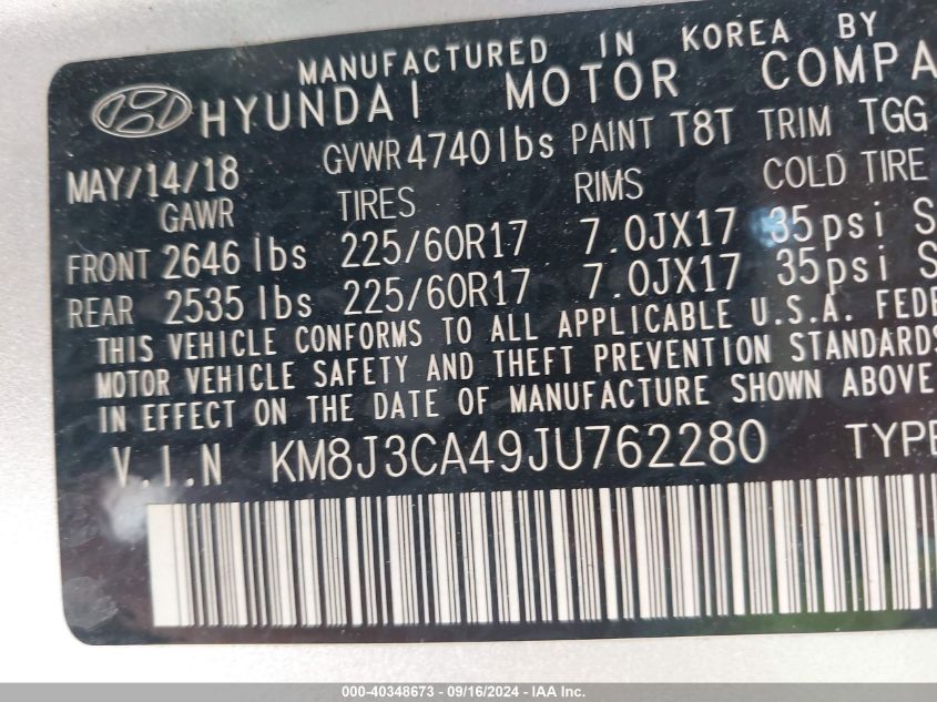 KM8J3CA49JU762280 2018 Hyundai Tucson Sel