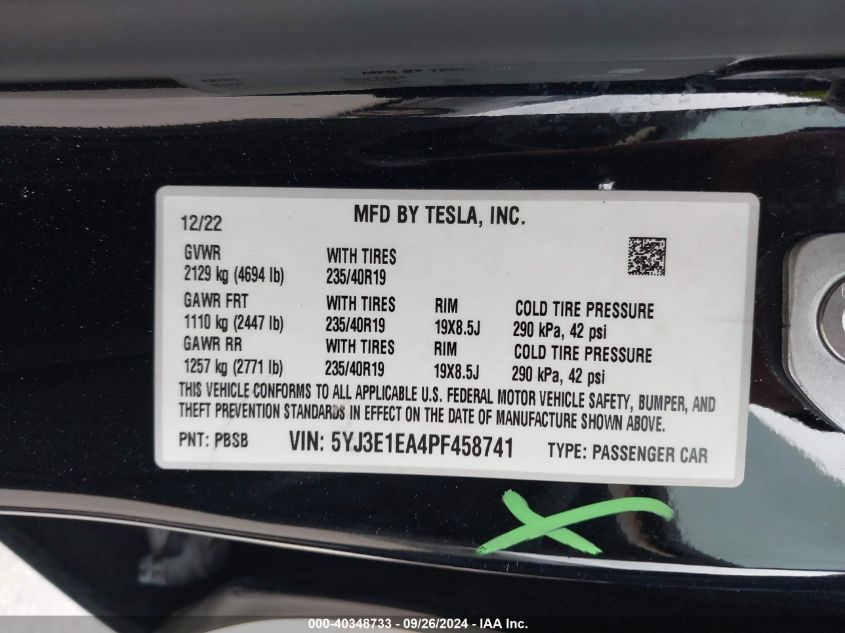 2023 Tesla Model 3 VIN: 5YJ3E1EA4PF458741 Lot: 40348733