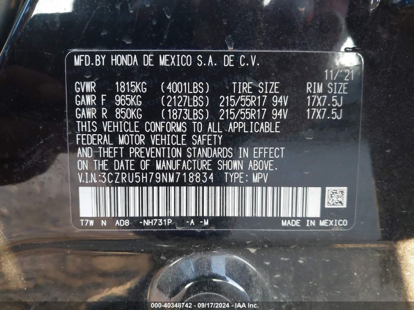 3CZRU5H79NM718834 2022 Honda Hr-V 2Wd Ex-L