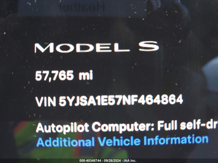 2022 Tesla Model S Dual Motor All-Wheel Drive VIN: 5YJSA1E57NF464864 Lot: 40348744