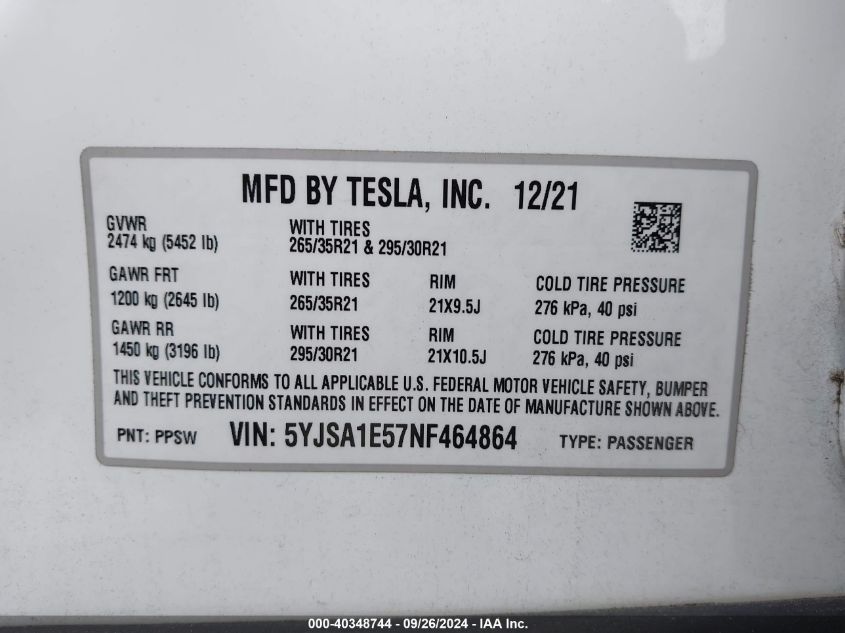 2022 Tesla Model S Dual Motor All-Wheel Drive VIN: 5YJSA1E57NF464864 Lot: 40348744