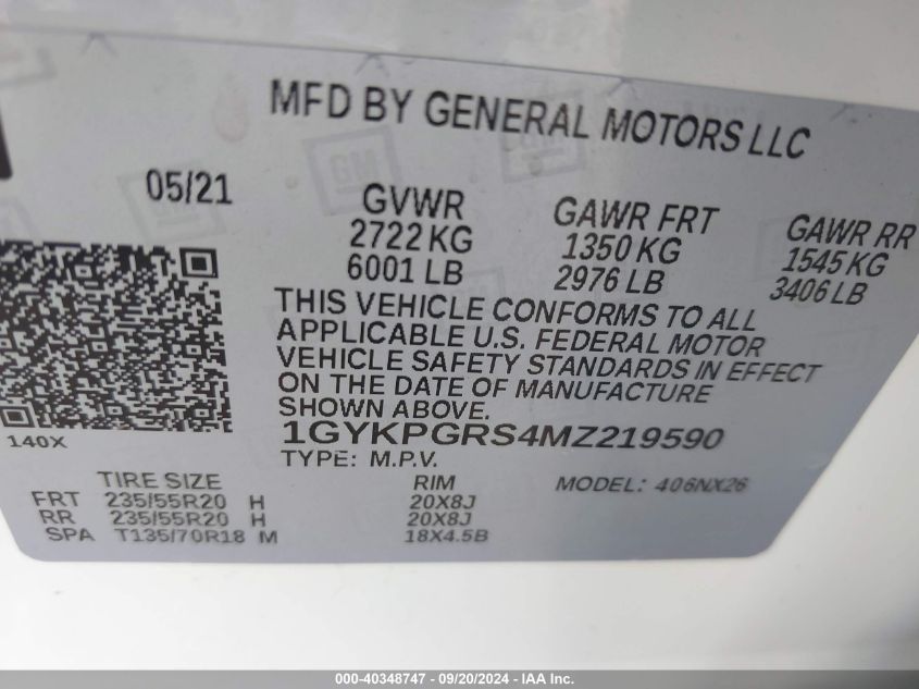 1GYKPGRS4MZ219590 2021 Cadillac Xt6 Sport