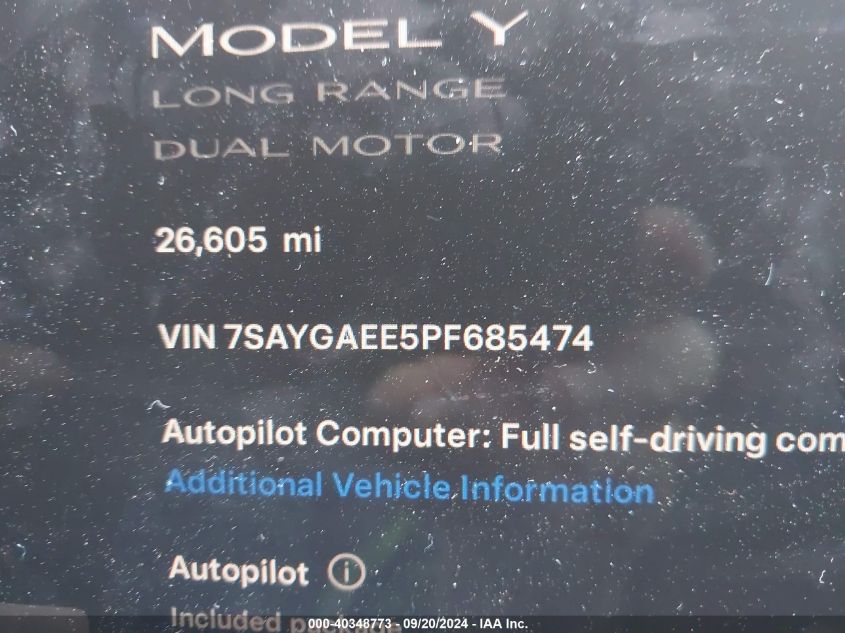 2023 Tesla Model Y Awd/Long Range Dual Motor All-Wheel Drive VIN: 7SAYGAEE5PF685474 Lot: 40348773