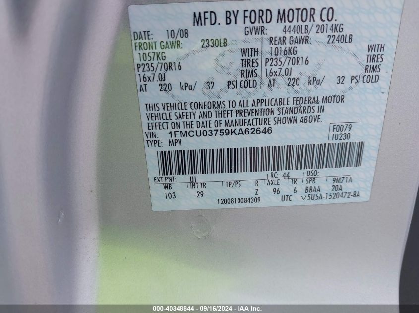 1FMCU03759KA62646 2009 Ford Escape Xlt