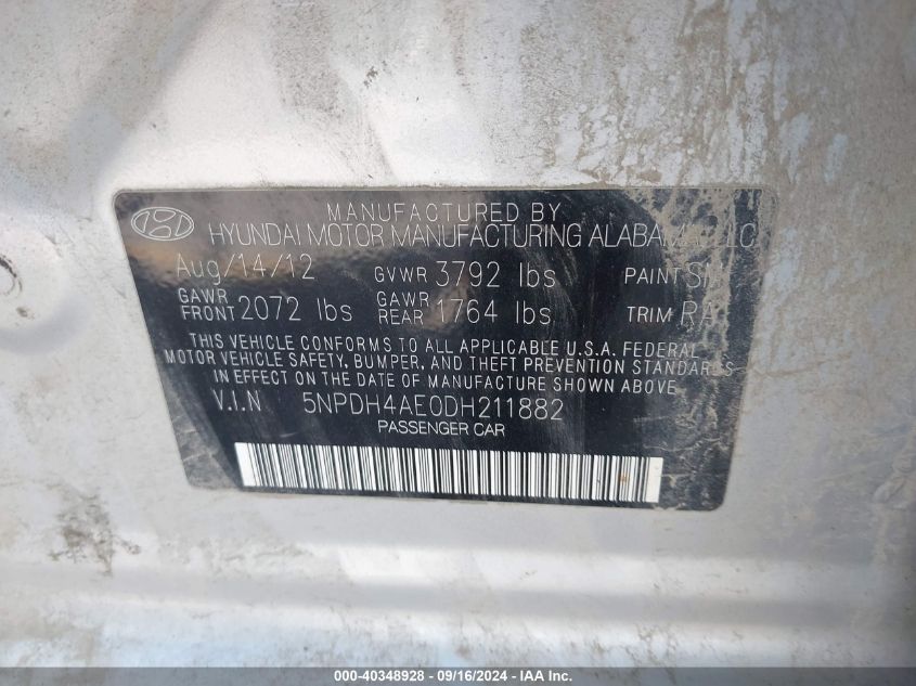 5NPDH4AE0DH211882 2013 Hyundai Elantra Gls/Limited