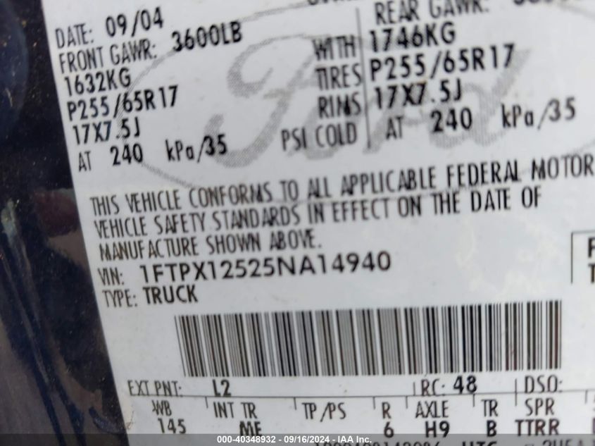 1FTPX12525NA14940 2005 Ford F-150 Lariat/Xl/Xlt