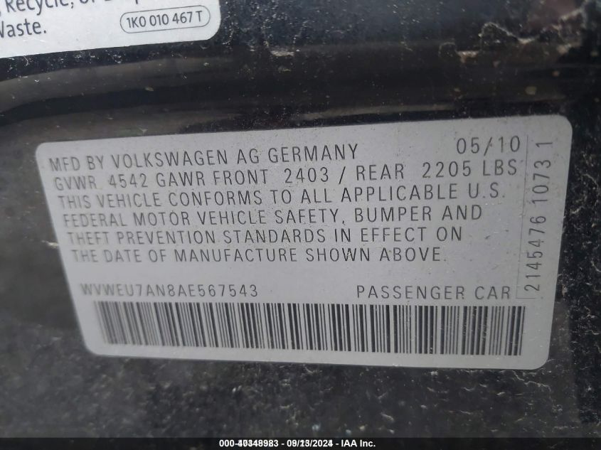 WVWEU7AN8AE567543 2010 Volkswagen Cc Vr6 Sport