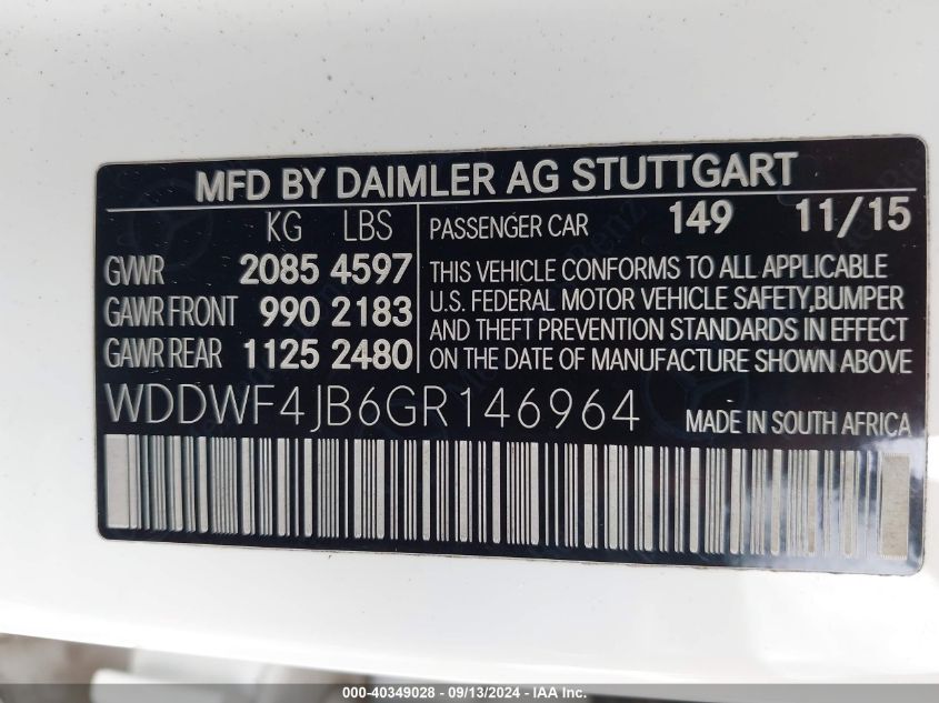 2016 Mercedes-Benz C 300 Luxury/Sport VIN: WDDWF4JB6GR146964 Lot: 40349028