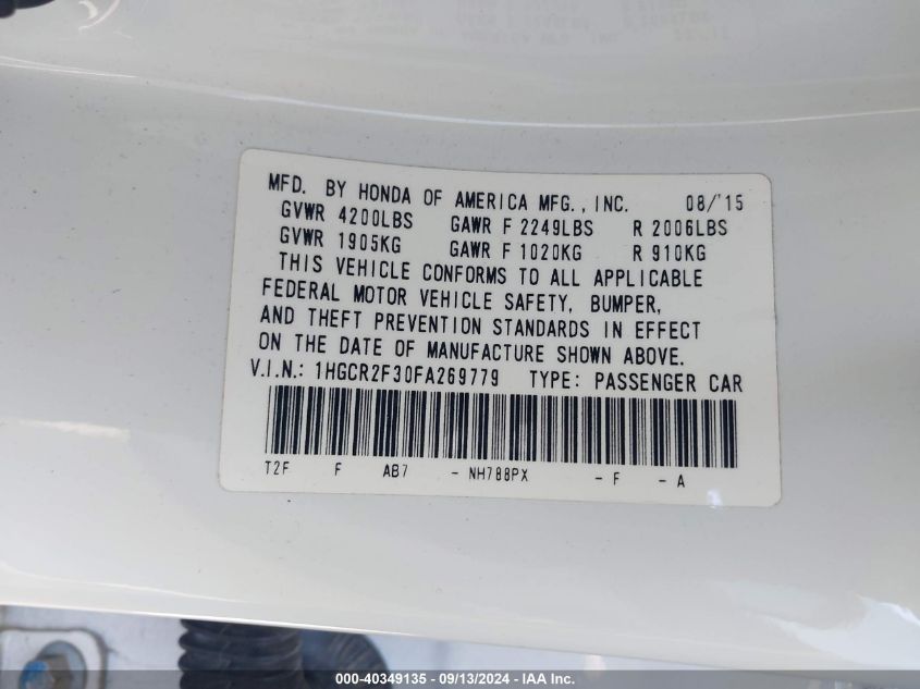 1HGCR2F30FA269779 2015 Honda Accord Sedan Lx