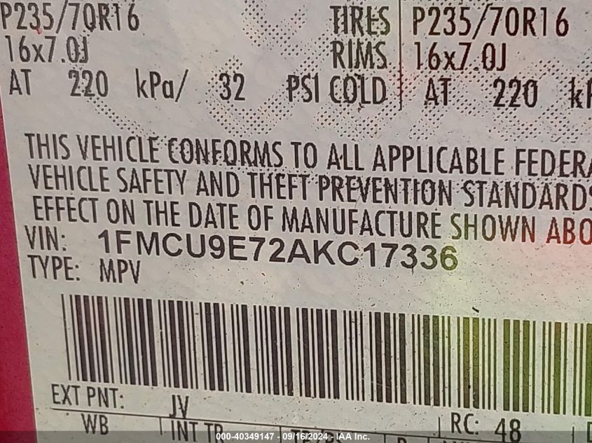 1FMCU9E72AKC17336 2010 Ford Escape Limited