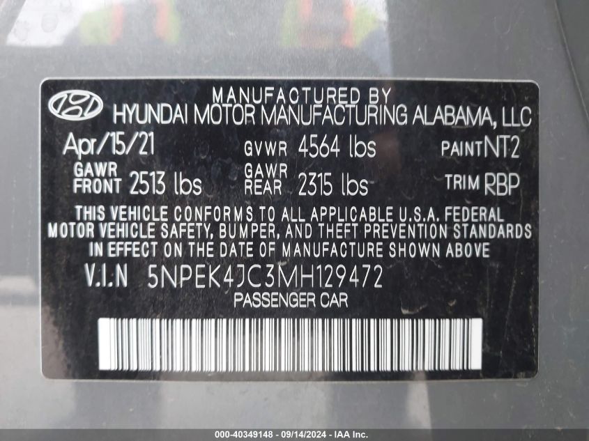 2021 Hyundai Sonata N Line VIN: 5NPEK4JC3MH129472 Lot: 40349148