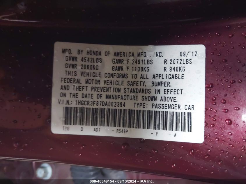 1HGCR3F87DA002394 2013 Honda Accord Ex-L V-6