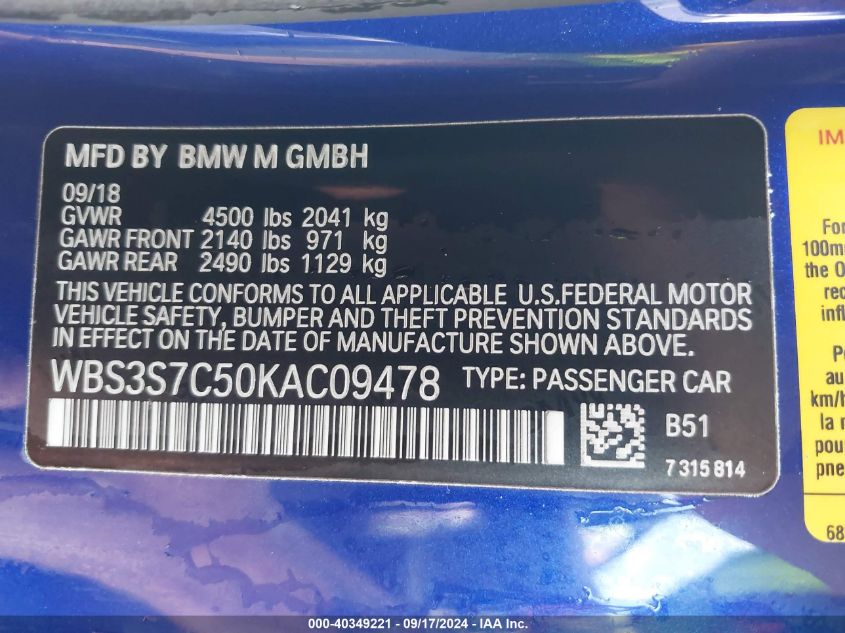 WBS3S7C50KAC09478 2019 BMW M4 Cs