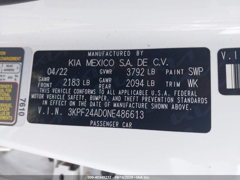 2022 Kia Forte Fe/Lxs VIN: 3KPF24AD0NE486613 Lot: 40349232