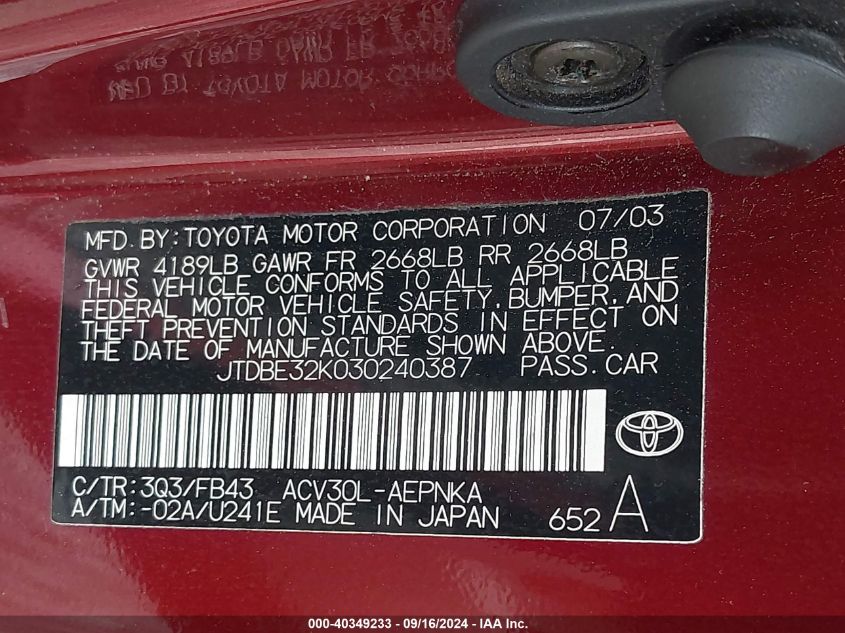 JTDBE32K030240387 2003 Toyota Camry Le