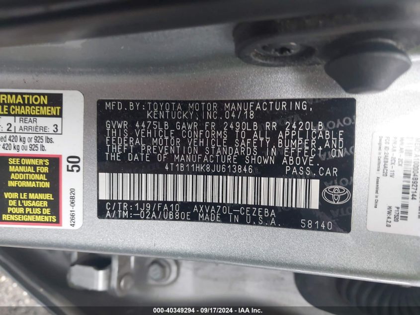 4T1B11HK8JU613846 2018 Toyota Camry L