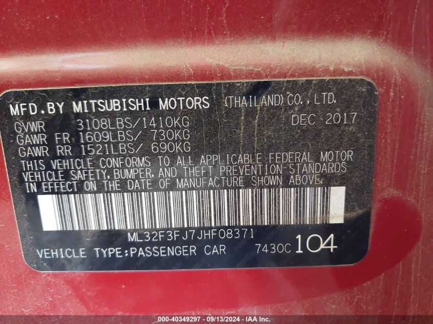 2018 Mitsubishi Mirage G4 Es VIN: ML32F3FJ7JHF08371 Lot: 40349297