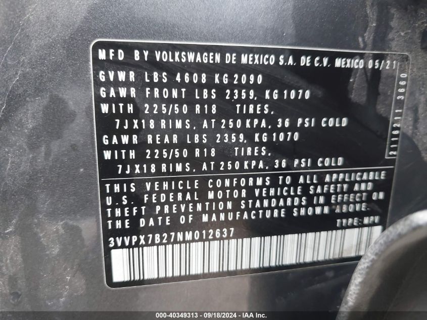 3VVPX7B27NM012637 2022 Volkswagen Taos 1.5T Se